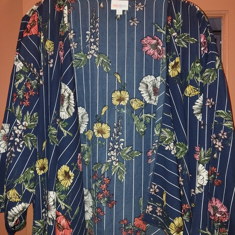 LuLaRoe Long Floral Striped open kimono - Blue, White, Pink, Yellow, Green